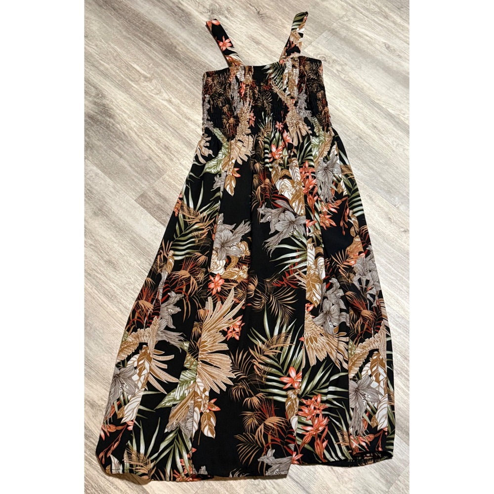 Kaktus Womens Small Tropical Floral Smocked Bodice Maxi Dress Black Brown Orange